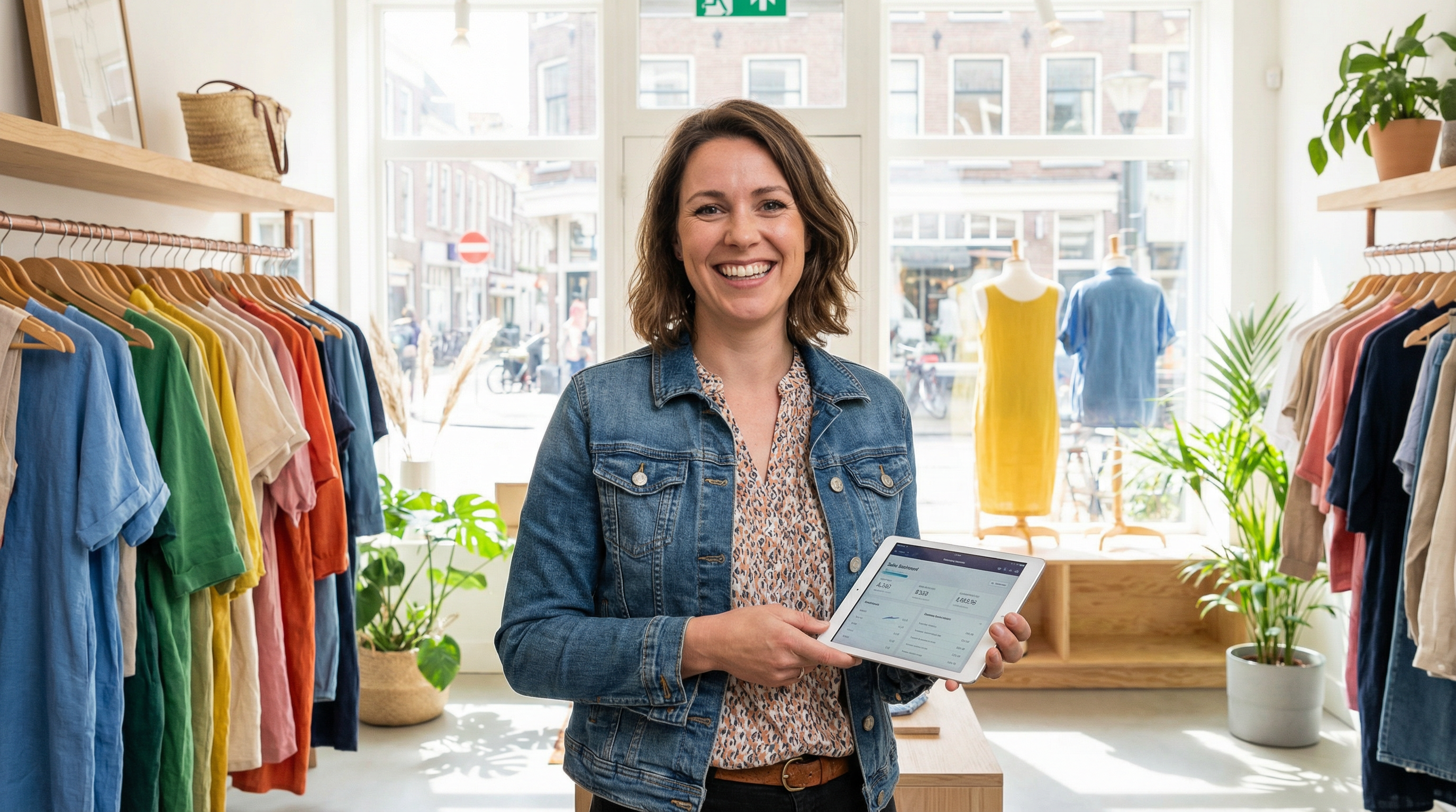 Dona de negócio feliz usando tablet